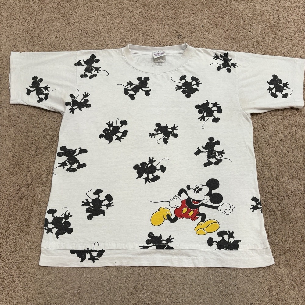 Vintage 90s Mickey Mouse AOP T-Shirt Size Medium Disney Store Single Stitch